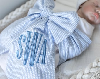 Monogrammed Newborn Infant Baby Seersucker Bow Sash Blanket, Maternity Photography Prop, Monogrammed Newborn Wrap, Baby Photo Prop, Big Bow