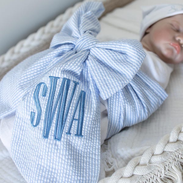 Monogrammed Newborn Infant Baby Seersucker Bow Sash Blanket, Maternity Photography Prop, Monogrammed Newborn Wrap, Baby Photo Prop, Big Bow