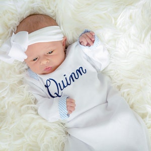 Monogrammed Blue Seersucker Baby Boy Gown, Baby Spring Outfit, Infant Summer, Cake Smash Outfit, Monogrammed Baby Gown, Newborn Boy Gift
