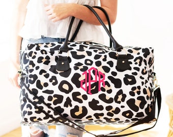 Monogrammed Personalized Weekender Travel Duffle Bag, Leopard Overnight Bag, Cat Print Personalized Luggage, Bridesmaids Gifts, Hospital Bag