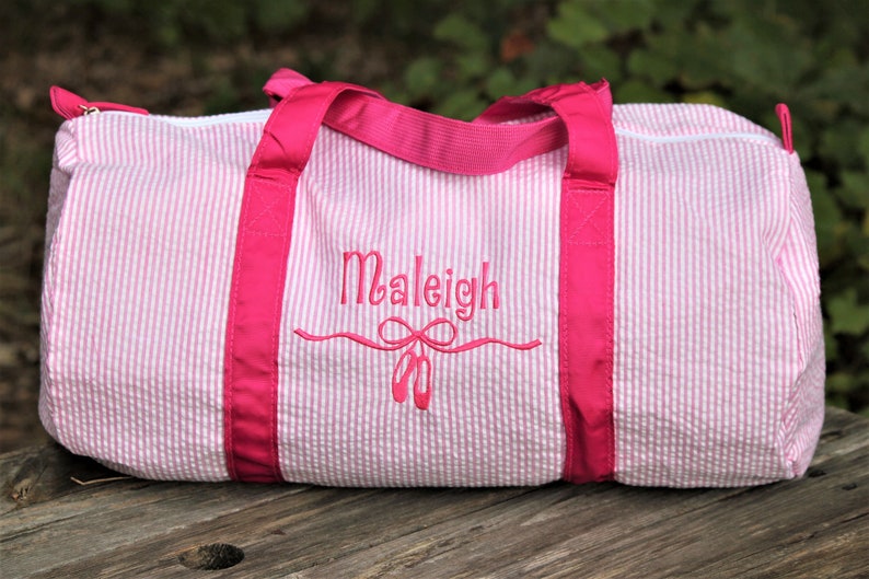 Monongrammed Personalized Seersucker Ballet Shoes Duffle Barrel Bag, Personalized Dance Bag, Ballet Bag, Sports, Sleepover Weekend Overnight Dark Pink