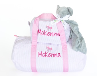 Monongrammed Personalized Seersucker Duffle Barrel Bag, Preppy Children's Travel Bag, Ballet, Sports, Sleepovers, Daycare, Weekend Overnight