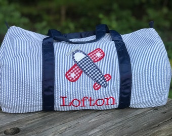 Personalized Airplane Applique Navy Seersucker Duffle Barrel Bag, Children's Travel Bag, Sports, Sleepovers, Daycare, Weekend Overnight Bag