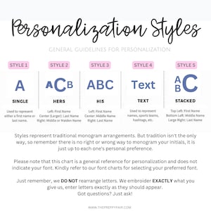 May include: A chart with five different styles of personalization for names, initials, or text. The styles are labeled "Single", "Hers", "His", "Text", and "Stacked". Each style shows an example of how the letters would be arranged. The chart also includes a description of each style and general guidelines for personalization.