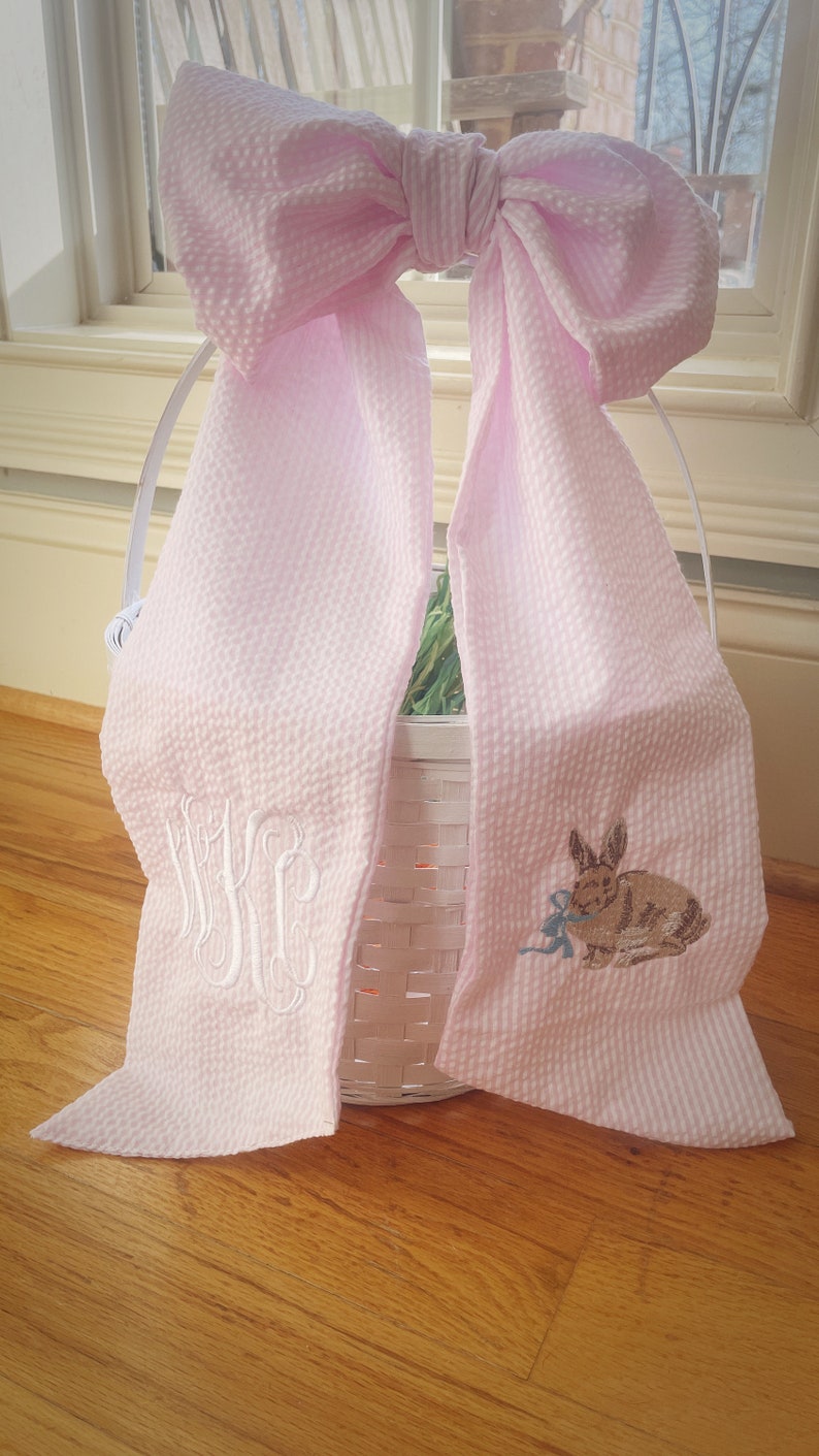 Personalized Easter Basket Seersucker Bow, Flower Girl Basket Bow, New Mom Gift Basket, Baby Girl Gift Basket, Easter Egg Hunt, Easter Bunny image 2