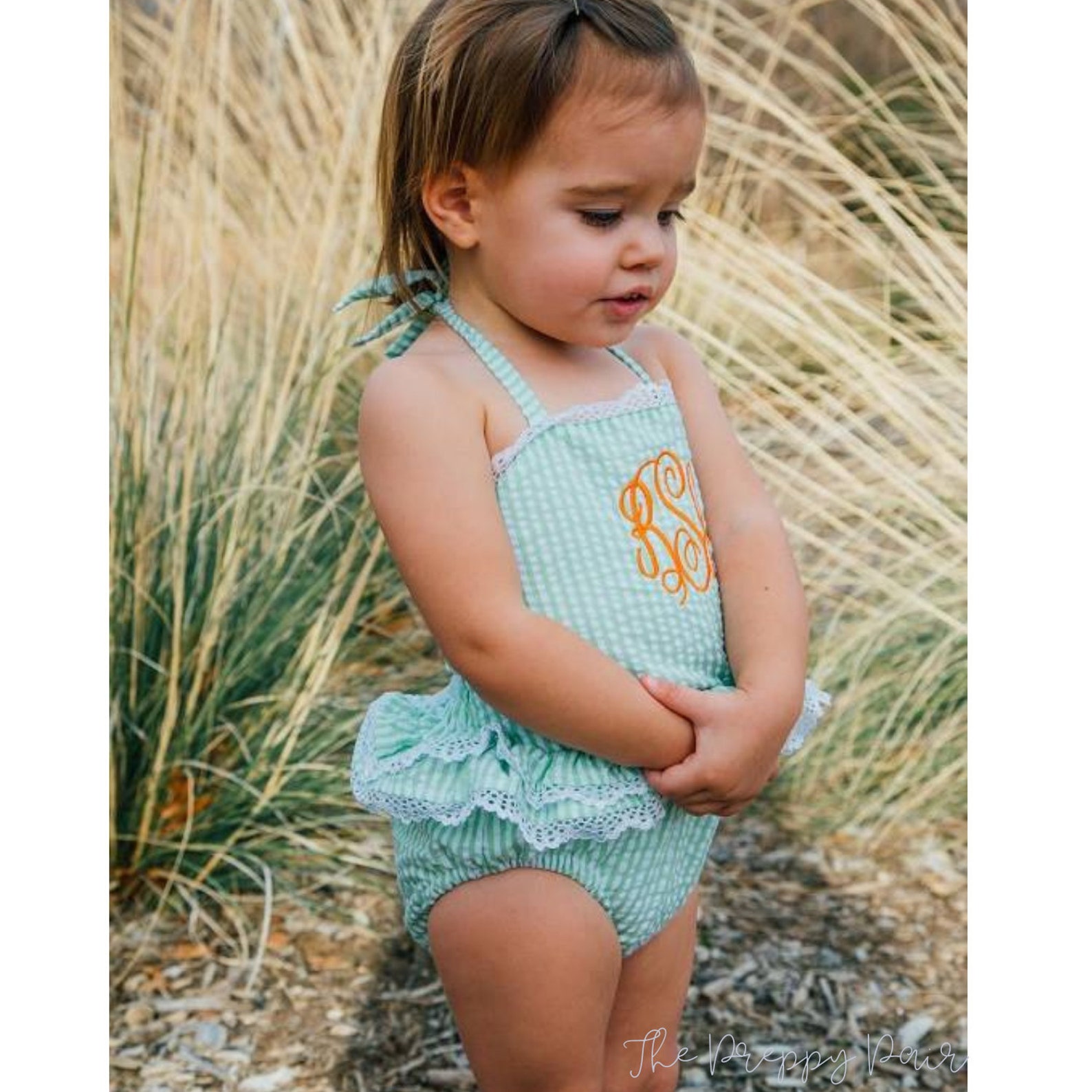 Monogram Seersucker Girls One Piece Swimsuit Baby Swimsuit Etsy