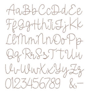 May include: A complete set of uppercase and lowercase letters from A to Z, numbers 0 through 9, an ampersand, and a hyphen, all rendered in a brown, textured, cursive script font style against a plain white background for clear visibility.