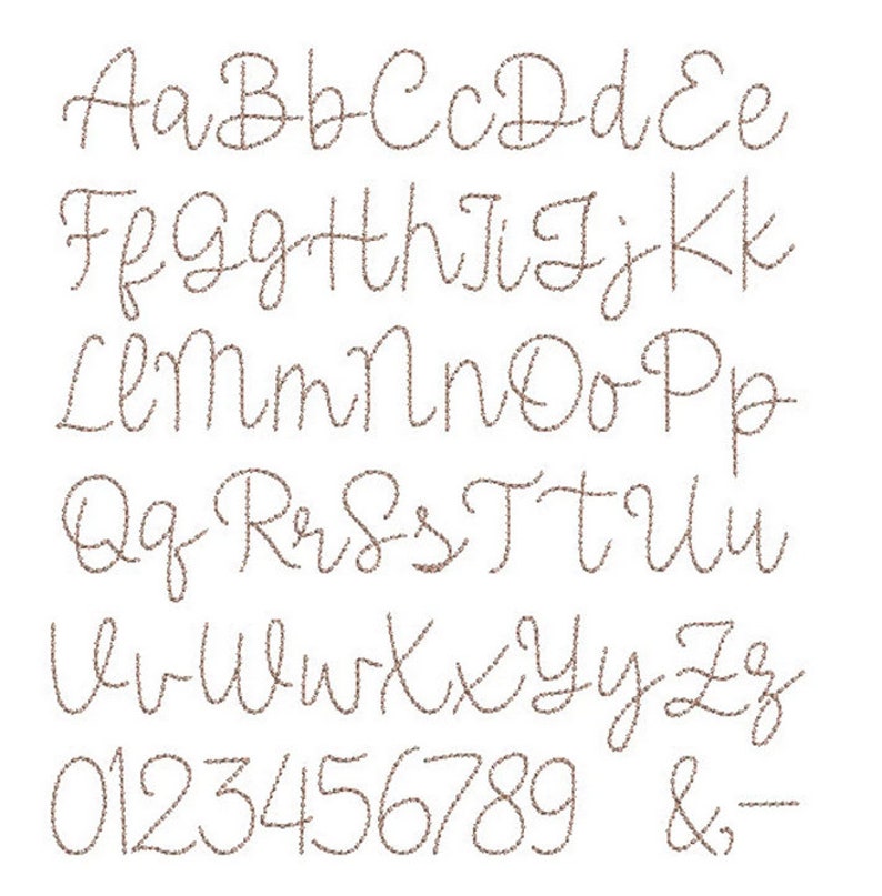 May include: A complete set of uppercase and lowercase letters from A to Z, numbers 0 through 9, an ampersand, and a hyphen, all rendered in a brown, textured, cursive script font style against a plain white background for clear visibility.