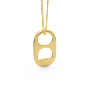 May include: A gold chain necklace with a gold pendant shaped like a pull tab from a can.