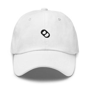 May include: White baseball cap with a black embroidered logo of two overlapping circles.