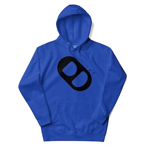 May include: A royal blue hooded sweatshirt with a black figure eight design on the front.