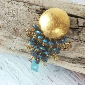 Aquamarine brooch with Labradorite and 18 Kt gold, Handmade brooch with Blue and Grey gemstone, Charm brooch,Italian Jewel, Made in Italy