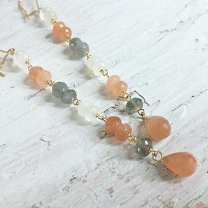 Moonstone long earring with 18 Kt yellow gold, Handmade earrings with multicolor gemstone, Boho chic dangle and drop earring, Made in Italy