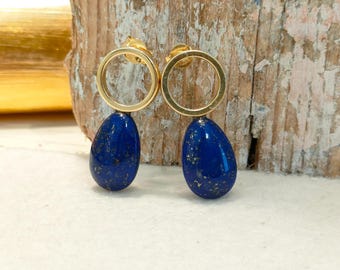 Dormeuses Dorées Serti CZ Bleu Ovale Avec Vrai Lapis Lazuli - Boucles D'oreilles Fantaisie