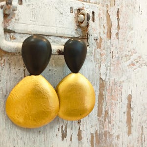 Ebony earrings with 24 Kt yellow gold.Modern design earrings.Unique - Handmade earrings. Ethnic earrings.Gift for her.Ebony and leaf of gold