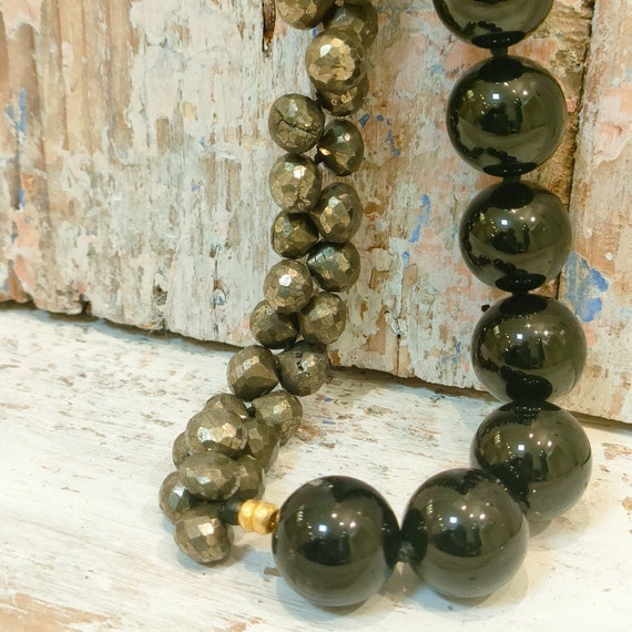 Handmade Onyx Necklace: Pyrite & 18K Gold Plated Silver, 55cm 
