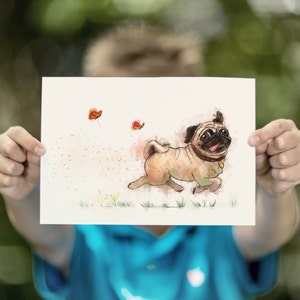 Lámina divertida de Pug para niños / Póster Running Happy Pug para amantes de los perros y habitación de los niños / Ilustración peluda de Pug Lámina artística