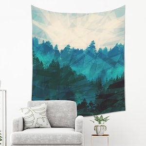 Misty Forest Tapestry | Rainy Tree Tapestry Wall Hanging from Lightweight Fabric | Blue Wall Tapestry | Mountain Tapestry