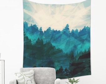 Misty Forest Tapestry | Rainy Tree Tapestry Wall Hanging from Lightweight Fabric | Blue Wall Tapestry | Mountain Tapestry
