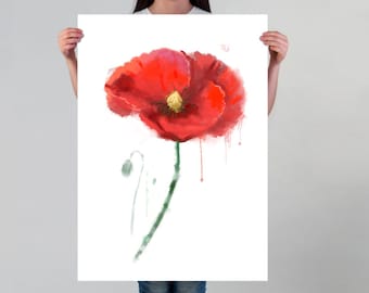 Red Poppy Print | Watercolor Poppy Art Poster | Large Floral Wall Decor for Her | Vivid Poppy Painting Wall Art for Flower Lovers