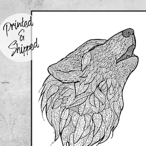 Wolf Print | Howling Wolf Drawing Wilderness Poster | Spiritual Black and White Drawing of a Wolf Art Print | Bohemian Wolf Doodle Poster