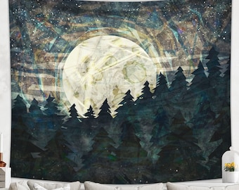 Moon Tapestry | Enchanted Forest Tapestry | Dorm Decor | Mountain Tapestry Boho Décor For Her | Nature Tapestry Wall Art Decor