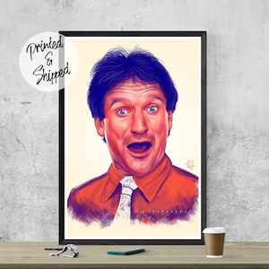 Robin Williams Print | Happy Robin Williams Portrait Poster | Robin Williams Fanart Wall Art Man Cave Decor | Funny Portrait of Williams