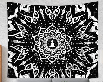 Black and White Mandala Tapestry | Modern Wall Tapestry | Large Fabric Wall Decor | Black and White Wall Hanging