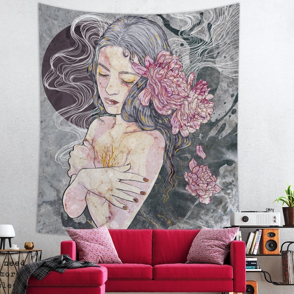 Woman Tapestry Aesthetic | Boho Tapestry | Pink Tapestry For Her | Dorm Decor | Modern Tapestry Floral Wall Art With Marble Tapestry