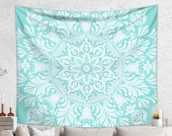 Turquoise Tapestry | Mandala Tapestry Aesthetic | Dorm Decor | Modern Wall Tapestry | Psychedelic Tapestry Blue Wall Hanging