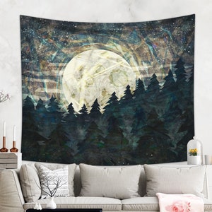 Moon Tapestry | Enchanted Forest Tapestry | Dorm Decor | Mountain Tapestry Boho Décor For Her | Nature Tapestry Wall Art Decor