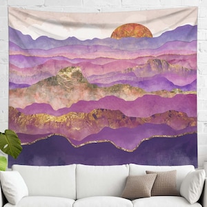Purple Tapestry | Mountain Tapestry Wall Hanging | Nature Tapestry Landscape Wall Art | Fabric Wall Hanging Dorm Room Decor