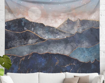Mountain Tapestry | Nature Tapestry Wall Hanging | Dorm Decor | Boho Moon Tapestry | Night Mountain Wall Art Dorm Room Decor