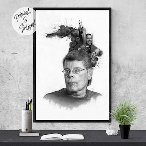 Stephen King Art / Stephen King Poster / Black and White King Pencil Drawing Art Print / Horror Book Fan Gifts