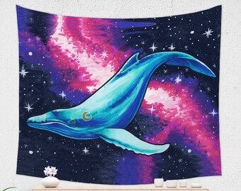 Whale Tapestry | Whale Lover Wall Hanging | Whale in Space Fantasy Tapestry | Swimming Whale Space Wall Art