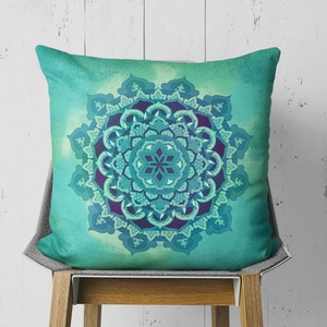 Green Mandala Pillow in Square Shape |  Mandala Throw Pillow Cushion | Spiritual Home Decor | Zen Bohemian Pillow Decorations