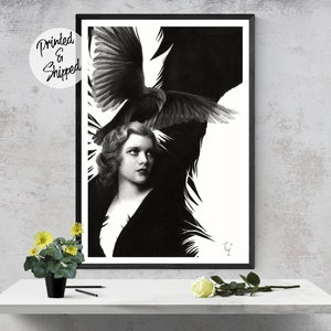 Raven Print | Raven Art Black and White Pencil Drawing | Surreal Art Print | Raven Decor Gift For Her
