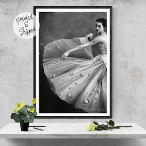 Dancing Girl Art Print Surreal Flower Pencil Drawing Fine Print Pencil Floral Print Black and White Floral Art Print afbeelding 1