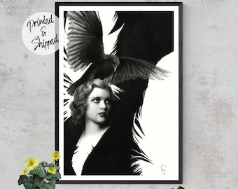 Raven Print | Raven Art Black and White Pencil Drawing | Surreal Art Print | Raven Decor Gift For Her