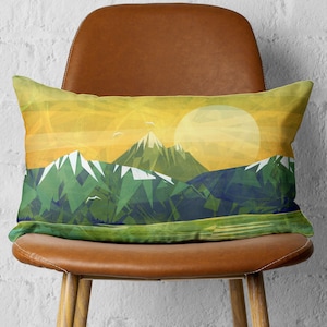 Green Mountains Rectangle Pillow Cover | Sunset Pillow | Indoor and Outdoor Throw Pillow | Abstract Landscape Design on Throw Pillow