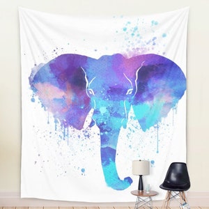 Watercolor Elephant Tapestry | King Size Tapestry for Elephant Lovers | Colorful African Animal Tapestry | Blue Elephant Kids Tapestry