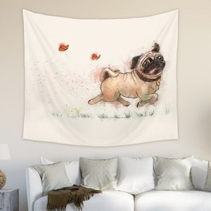 Tapiz de pug colgante de pared para guardería y habitación infantil / Arte divertido de la pared del perro / Tapiz de dibujos animados para niños / Tapiz de perros para amantes de los perros