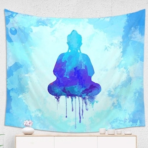 Buddha Wall Art Tapestry from Lightweight Fabric | Indian Tapestry Blue Wall Hanging | Boho Meditation Room Decor
