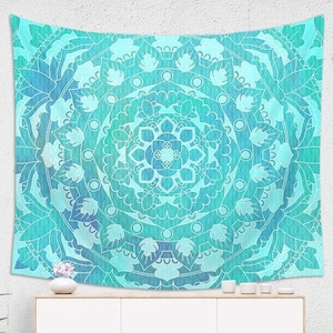 Mandala Tapestry | Sea Green Large Wall Decor | Bohemian Tapestry Trippy Wall Hanging | Bright Hippie Tapestry