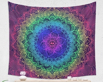 Purple Tapestry Wall Hanging | Mandala Tapestry Pride Wall Decor | Psychedelic Tapestry in Rainbow Colors | Colorful Hippie Tapestry