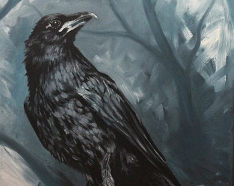 Raven Painting PRINT of Painted Raven Art, Raven Art Print, Traditional Oil Painting GICLEE PRINT, Black Bird, Blue Painting, Noble Animal