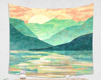 WALL TAPESTRY, Emerald Mountains Tapestry, large wall decor, Spring Sunset Tapestry, Japanese Landscape Wall Hanging