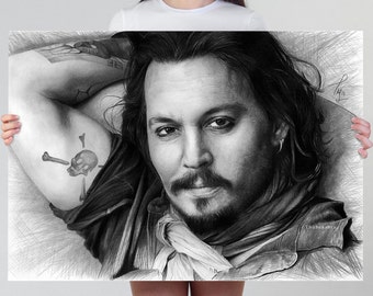 Johnny Depp Print | Black and White Johnny Depp Pencil Drawing Art Poster | Depp Portrait Fanart Print | Johnny Depp Drawing Print