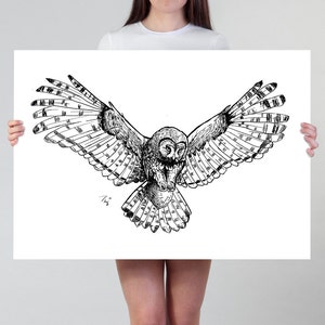Owl Print | Large Owl Drawing Art Print | Hunting Owl Poster in Black and White | Owl Illustration Hunter Cabin Decoration Owl Lover Gift