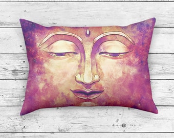 Buddha Pillow in Rectangle Shape | Sacred Pillow Cushion | Rustic Watercolor Pillow | Gold Pink Zen Decor Indoor Throw Pillow